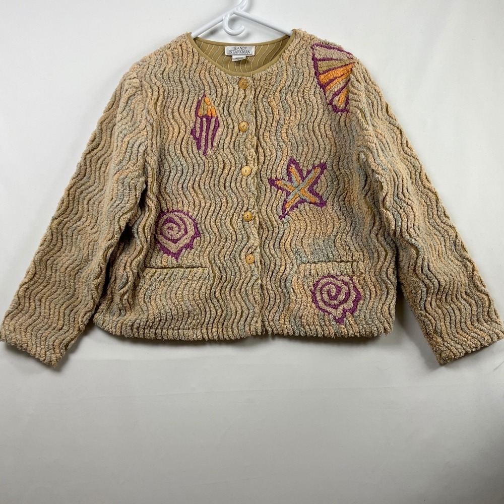 Sandy Starkman Jacket Women XL Chenille Tan Embroidered Seashell Boxy Coastal